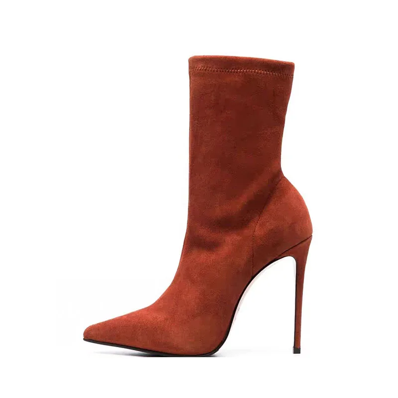 

2025 Woman's Orange Suede Thin heels Short boots Pointed toe Super high heel Modern boots Extra large size