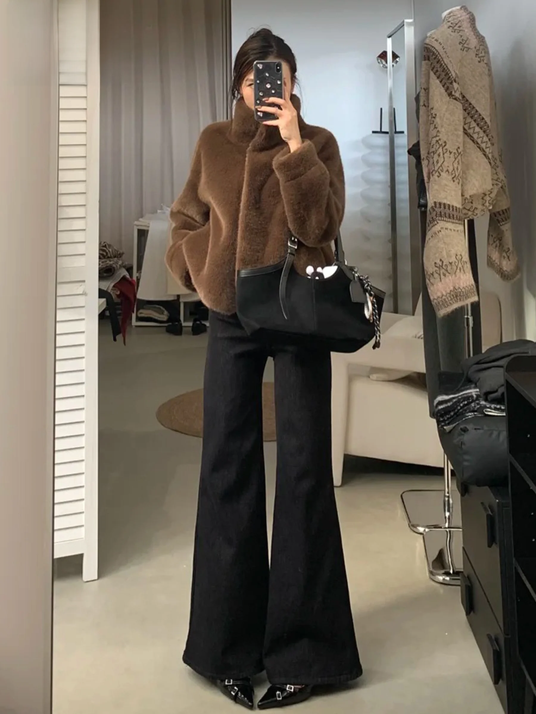 

Женские джинсы-клеш с высокой талией, эластичные, свободного кроя, летние, повседневные, черные с золотом