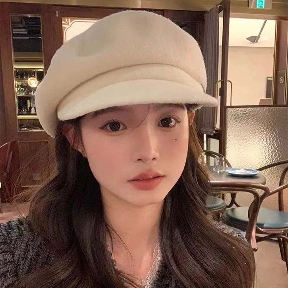 

Simple Solid Color Wool Beret Cap British Style Dome Octagonal Brimless Hat Knitted Versatile Female Painter Cap Autumn