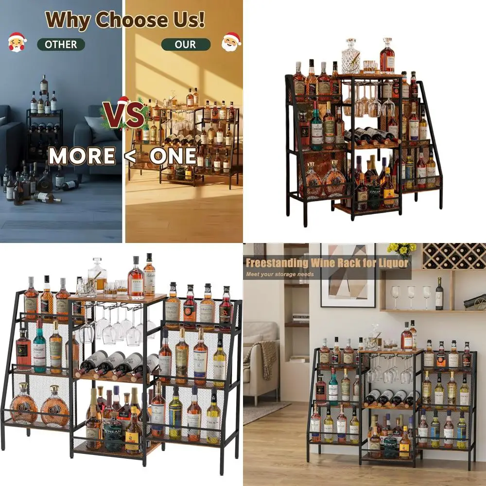 

6-ярусная высокая винная полка с держателями для бокалов, безопасная для детей и домашних животных, большой домашний барный шкаф, идеально подходит для хранения винных бутылок и для праздничных вечеринок