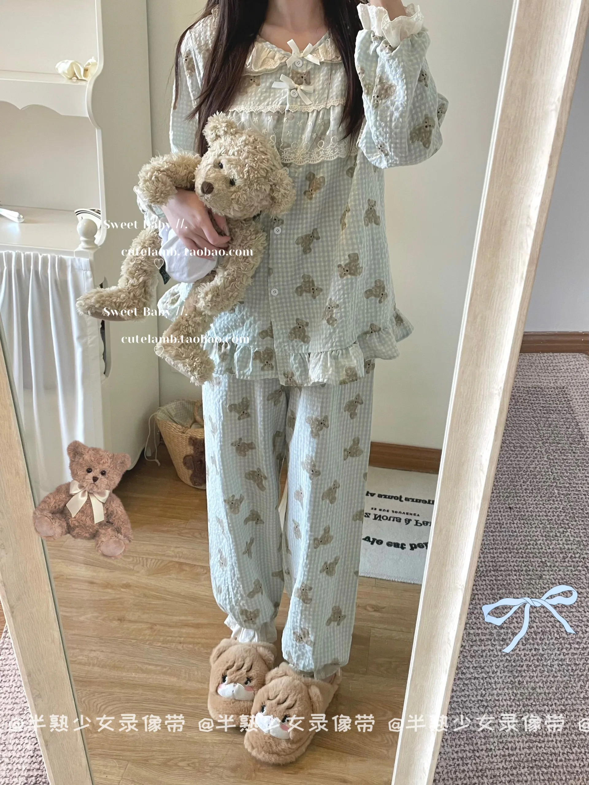 Blue Plaid Lace Bear Pajama Sets Spring Girls Autumn New Chic Doll Collar Long Sleeve Homewear Japanese Style Sweet Cute