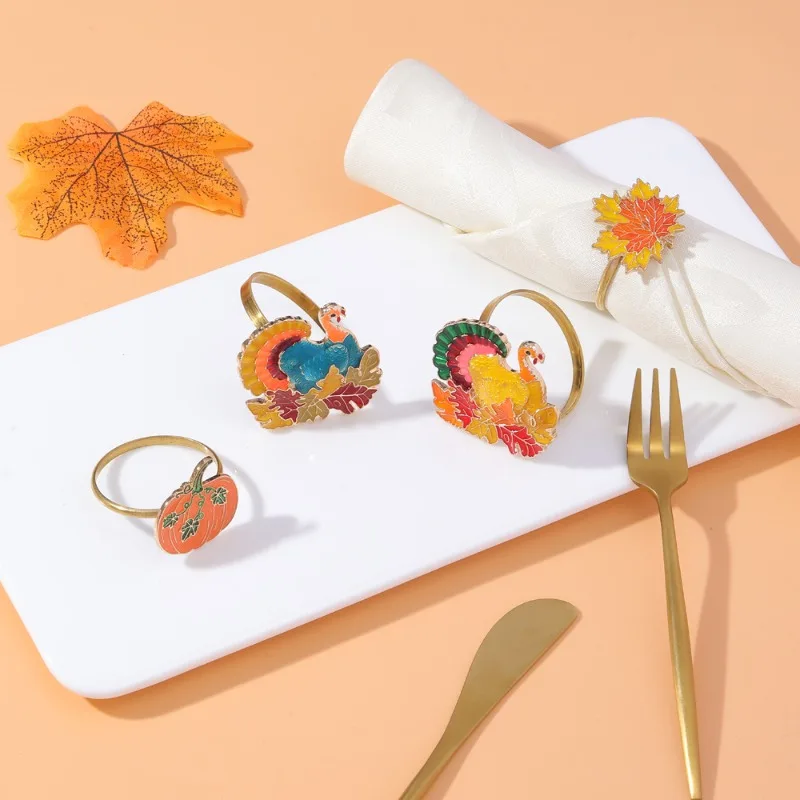 

4 Pcs Turkey Maple Pumpkin Napkin Rings Fall Napkin Holder for Christmas Thanksgiving Wedding Dinnig Table Decoration