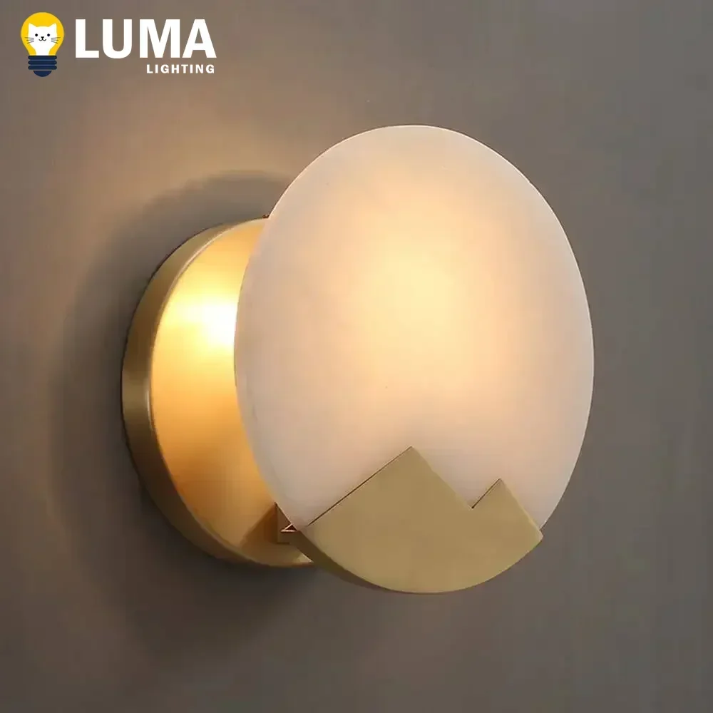 

Modern Luxury Spanish Marble Solid Copper Wall Lamp, Alabaster Marble Circle Wall Light for Bedside Livingroom Corridor Entrance