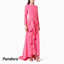 Pandora Elegant Pink Dubai Women's Formal Evening Dress with O Neck Ruffles Ankle-length Crepe Party Gown