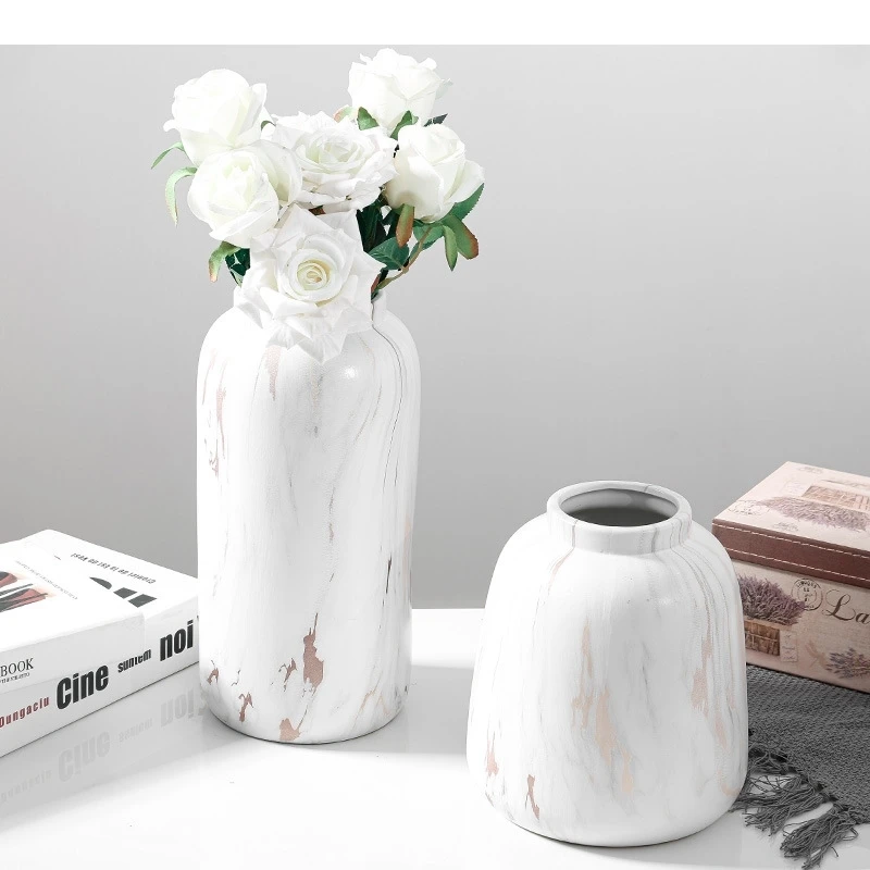 Gilded Marble Texture Cylinder Ceramic Vase Simple White Porcelain Flowers Arrangement Desk Decoration Modern Decor Flower Vases
