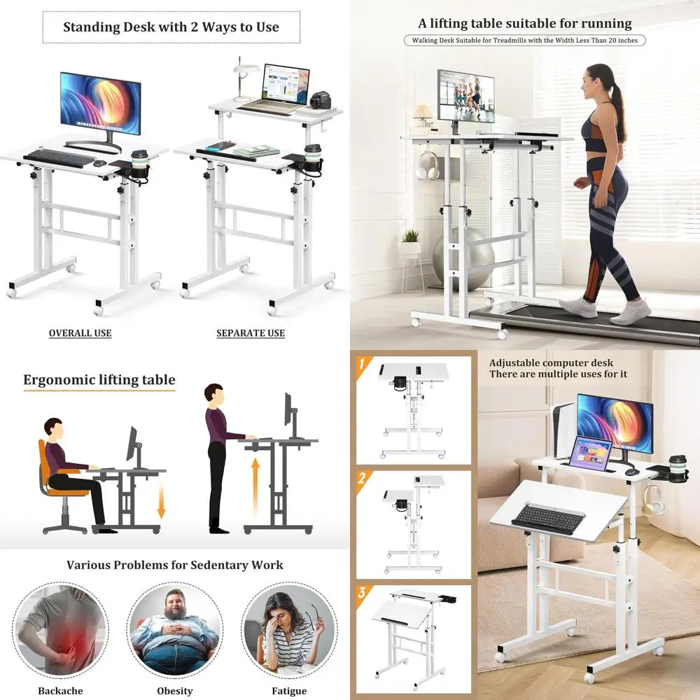 

Портативный регулируемый по высоте стол для работы стоя с колесиками для мобильного использования и подставкой для ходьбы