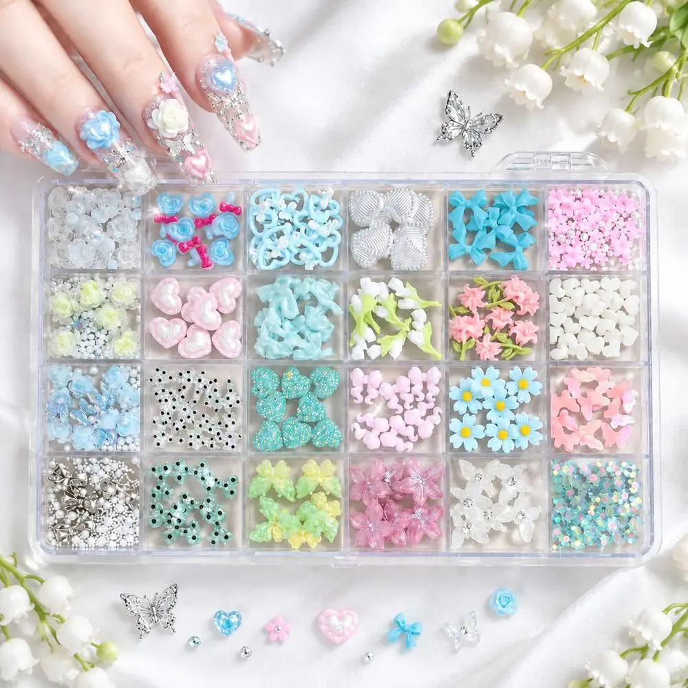 24Grids Mint Fresh Nail Embellishments Playful Bow Daisy Butterfly Glitter Set for Summer Vacation DIY Manicure Nail Art Decor