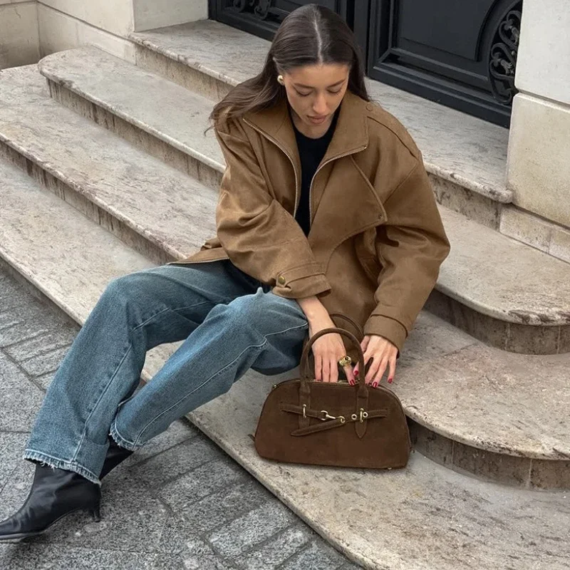 Fashion Zipper Short Jacket Women's Casual Lapel Collar Suede Full Sleeve Pocket Coat 2025 Lady Autumn Commuting Jackets