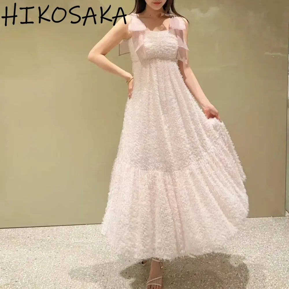 

Japan Style Chic Bow Straps Dress Women Furry Tassel Elegant Fairy Robe Spring Summer Sweet Slim A-line Vestidos De Mujer Moda