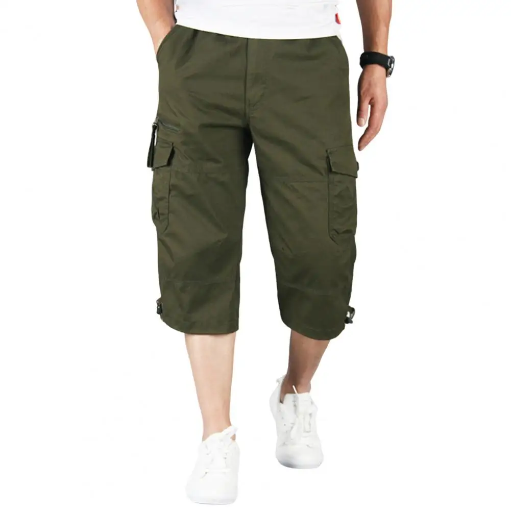 Knee Length Cargo Shorts Men's Summer Casual Cotton Multi Pockets Breeches Cropped Short Trousers Shorts