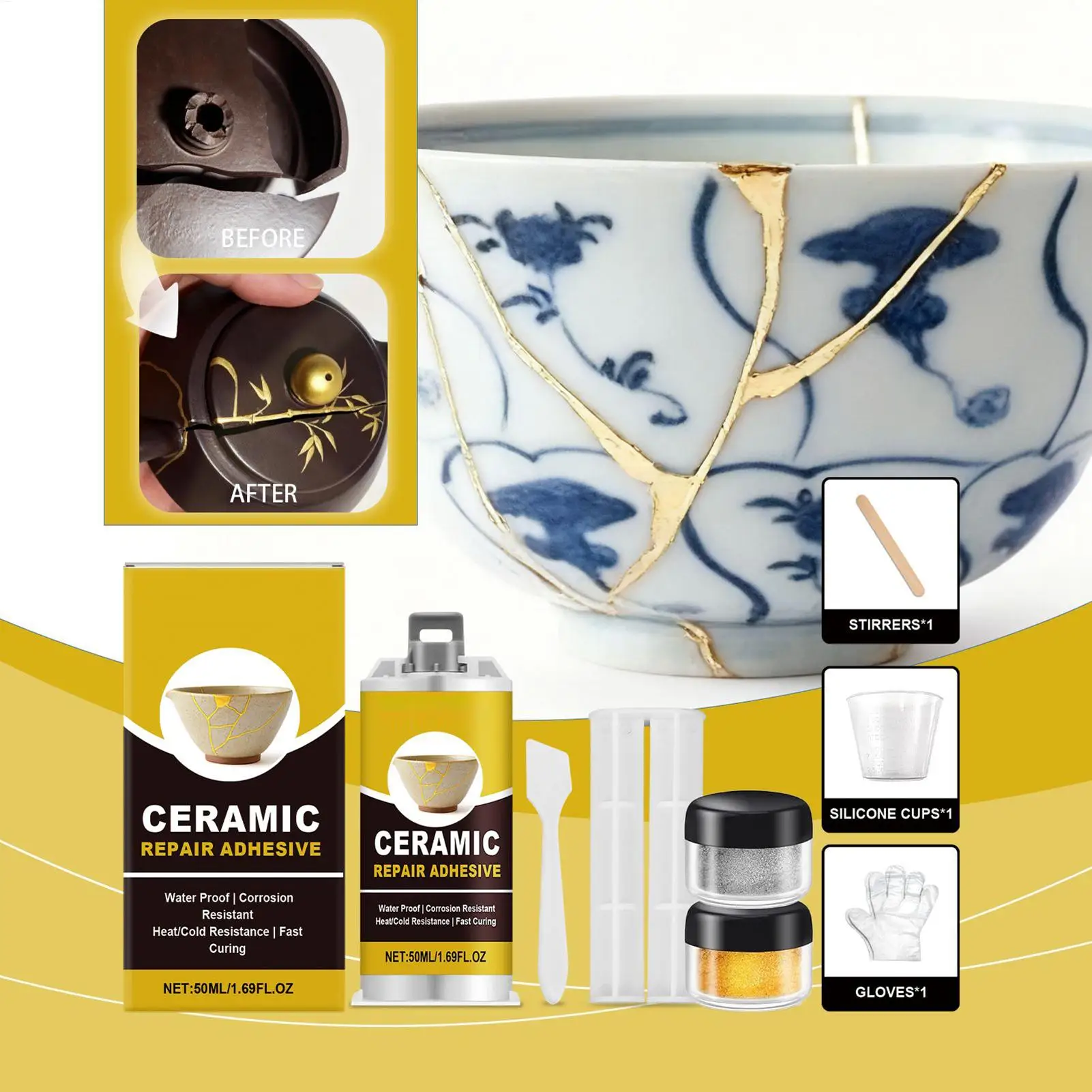 Kintsugi – Kit de réparation de colle céramique dorée, adhésif sûr pour aliments, assiette de poterie cassée, bol de tasse, baignoire, restauration d'art artisanal