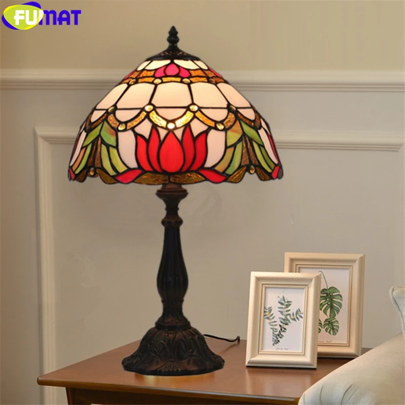 

FUMAT tiffany desk light orchid lotus flower rose stained glass table lamp classical handicraft home decor 8 inch lighting LED