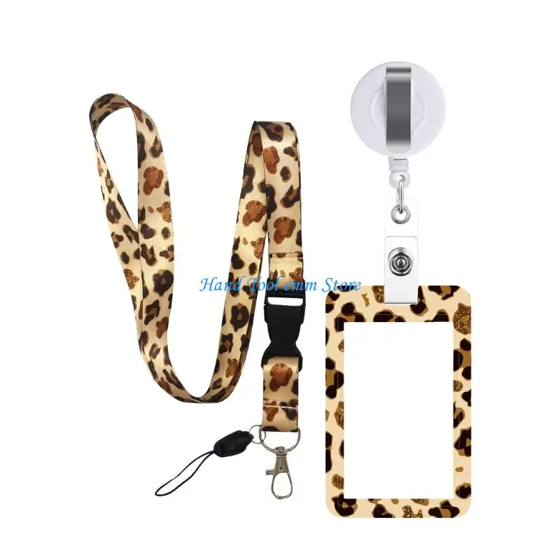 H37F Lanyard with Retractable Badge Reel Card Holder Leopards Print Identity Card Badge Holder with Removable Neck Lanyard
