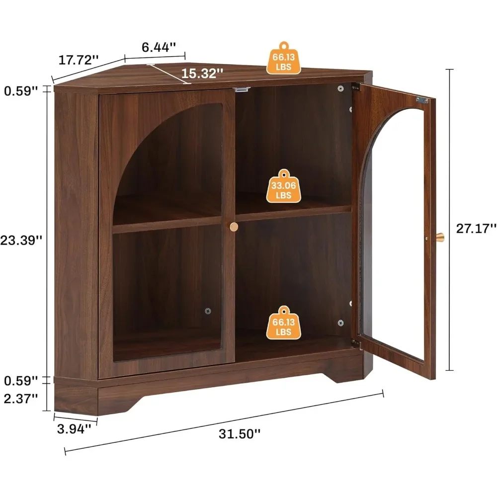 

Mid Century Modern Corner Cabinet, Freestanding Curved Corner Storage Shelf with Doors and Adjustable Shelves