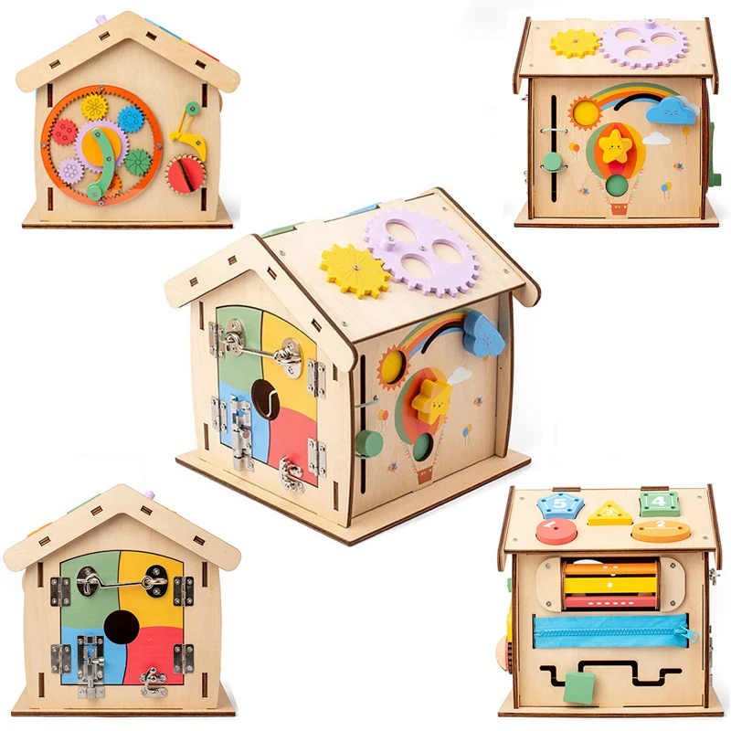 Children Wooden Busy House Montessori Manipulation Activity Busy Board Sensory Toys Fine Motor Training Preschool Toys for Kids