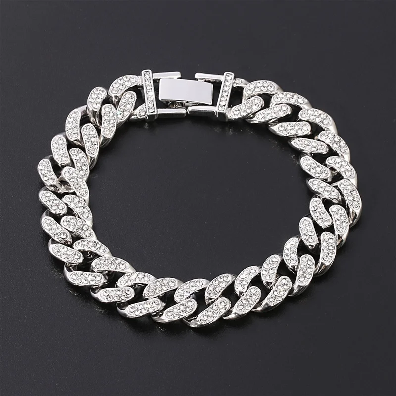 Hip Hop Rock Solid Silver Color Iced Out Chain Cuba Link Bracelets for Men Women Jewelry