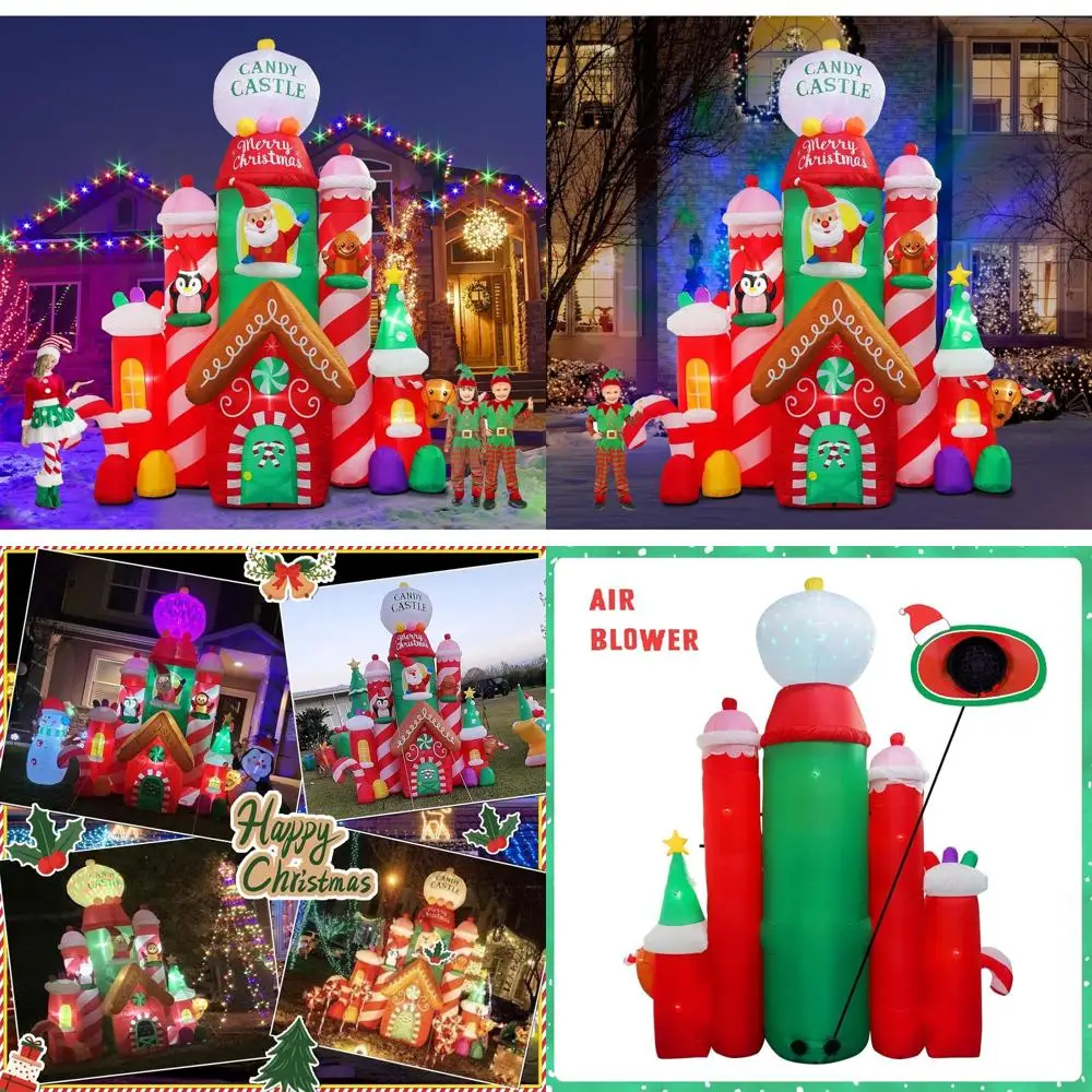 

Рождественское надувное наружное украшение высотой 10 футов: конфетный замок с Санта-Клаусом, пряниками и пингвином для праздничного сезона