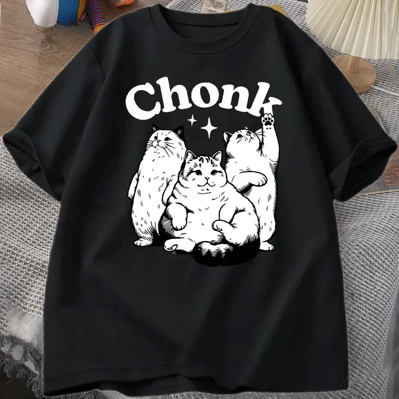 Funny Chonk Cat T-Shirt for Women Cute Fat Cat Tee Shirt Minimalist Meme Graphic Tee Pet Owners Cat Lovers Tshirt Clothing Y2K