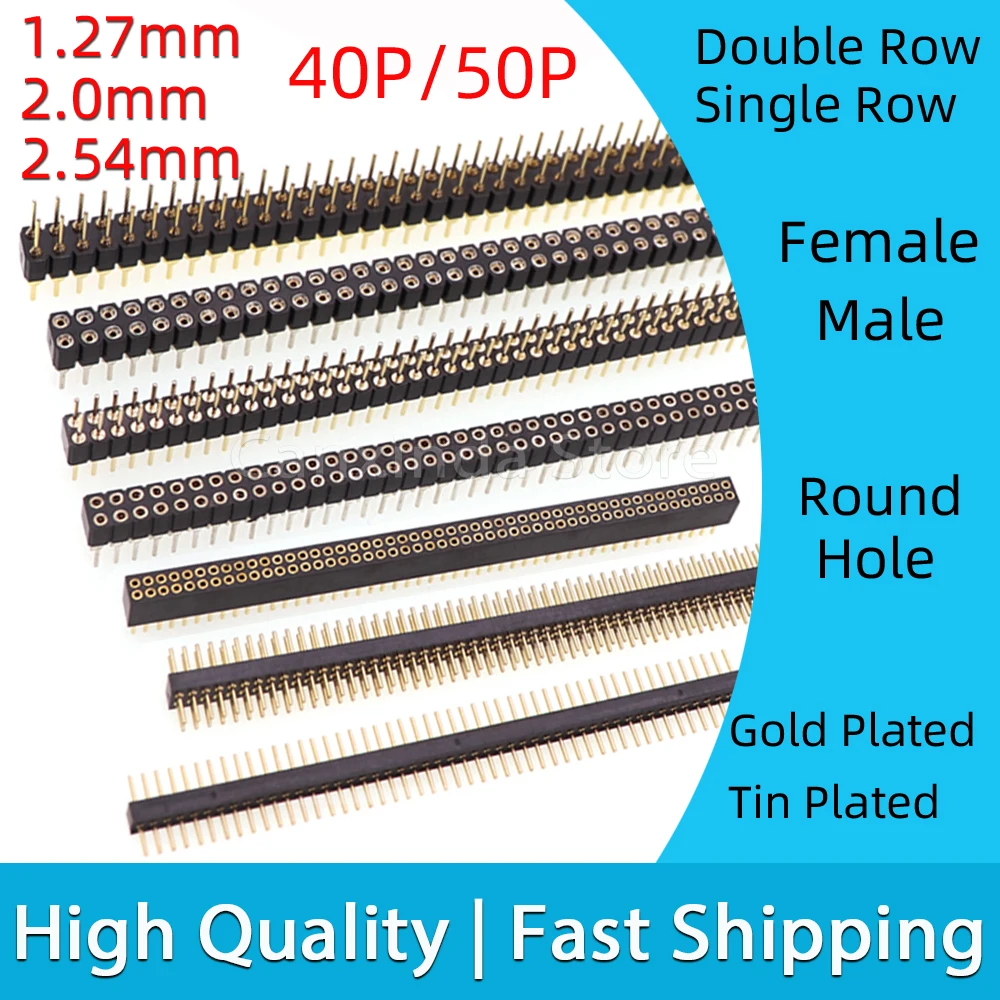 1,27 mm 2,0 mm 2,54 mm 2x40P 1x40P 50P Okrągły otwór Igła żeńska męska Złącze pinowe Gniazdo pojedyncze dwurzędowe pozłacane cynowane