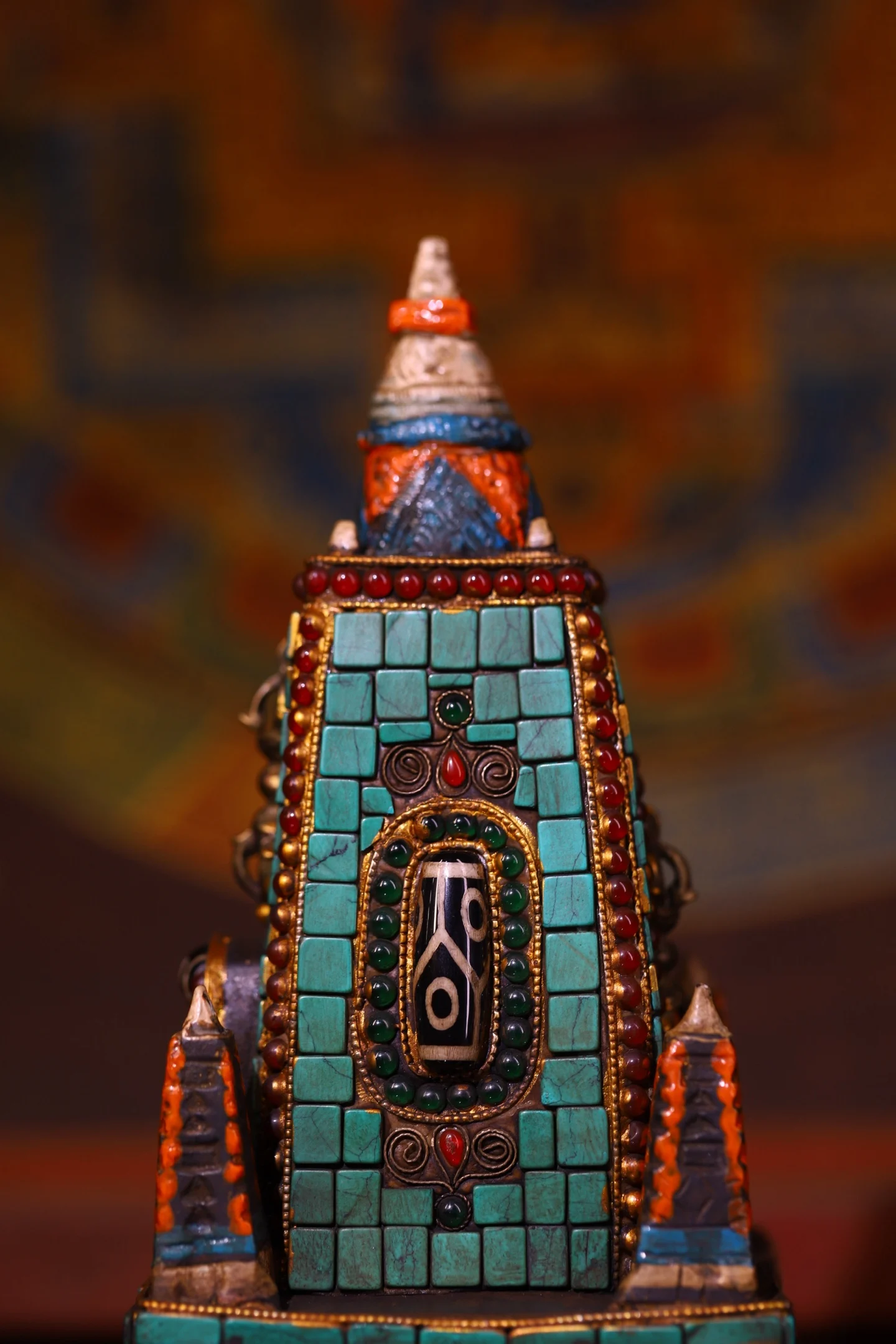 Old Lima Copper Painted Mosaic Gem gZi Beads Turquoise Shakyamuni sitting Buddha Buddha Pagod stupa Worship Hall Town house