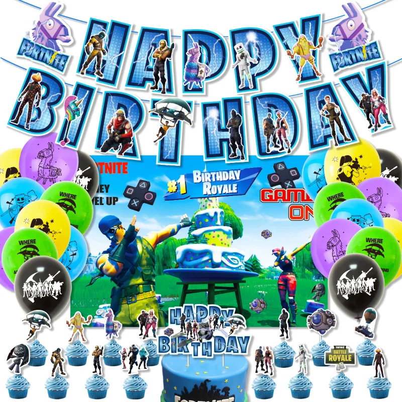 Birthday Party Game Fortnite Decoration Kawaii Ballons Set Anime Cake Topper Cartoon Banners Childrens Party Supplies Gift Toy