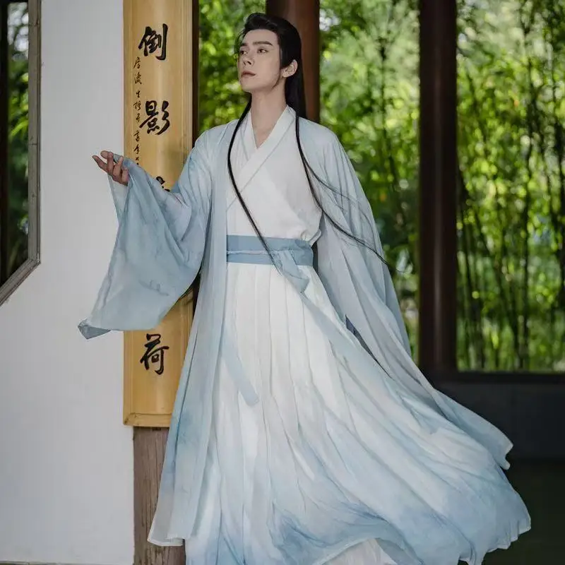 Classic Water Dying Hanfu Dress Set Men Women Wijin Period Cross Collar Costume Ancient Chinese Fairy Printing Cosplay Clothing