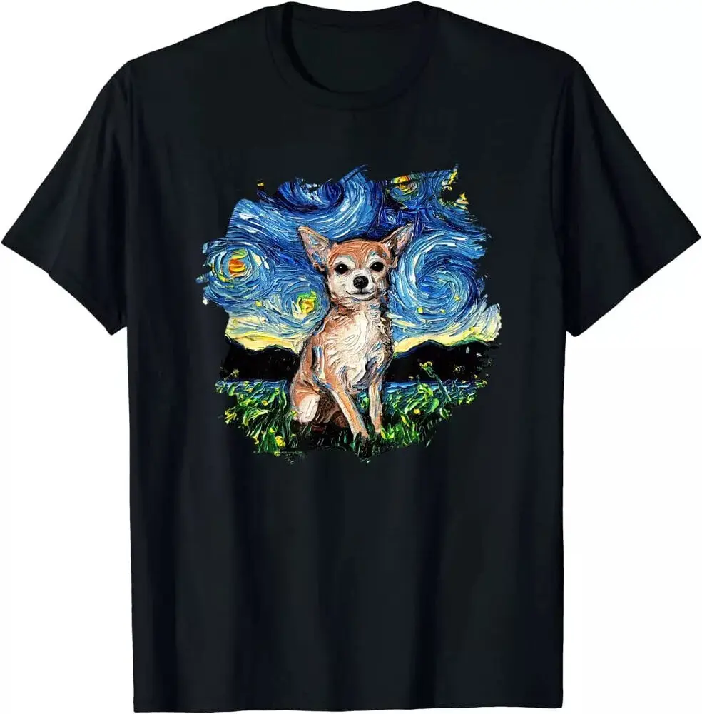 Tan Chihuahua Starry Night Impressionist Dog Art T-ShirtHigh Quality 100%Cotton Short Sleeve