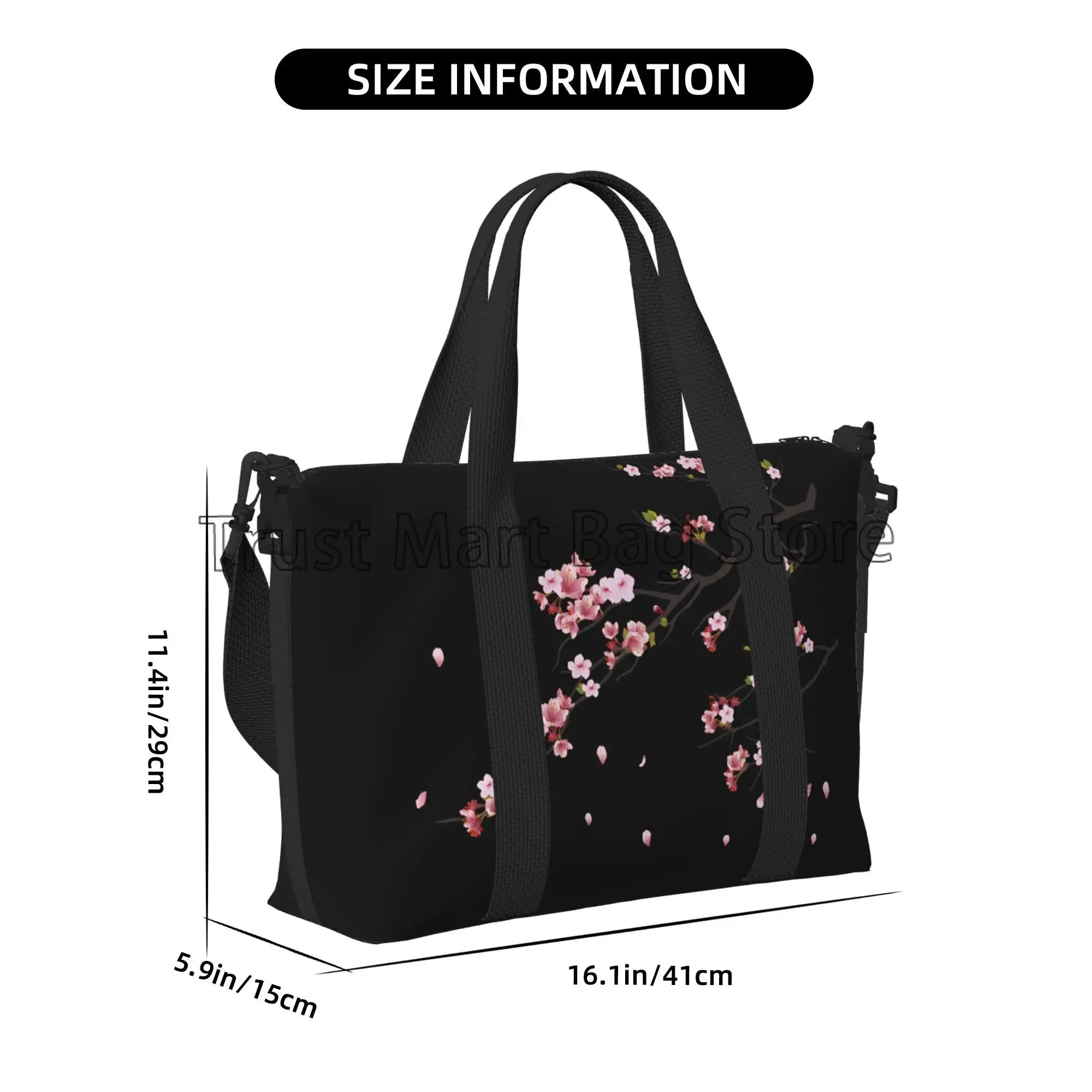 Japanese Sakura Cherry Blossoms Black Travel Bag Women Weekender Overnight Bags Unisex Casual Waterproof Luggage Bag