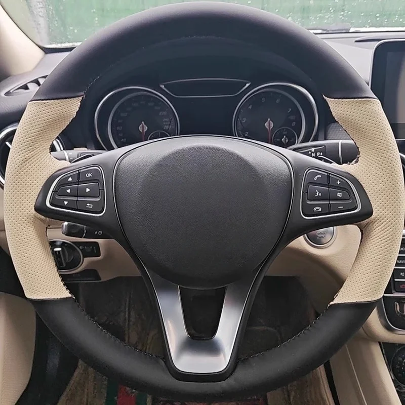 

Custom Hand-stitched Black Breathable Anti-slip Genuine Leather Car Steering Wheel Cover For Mercedes Benz A W177 B W247 C-Class