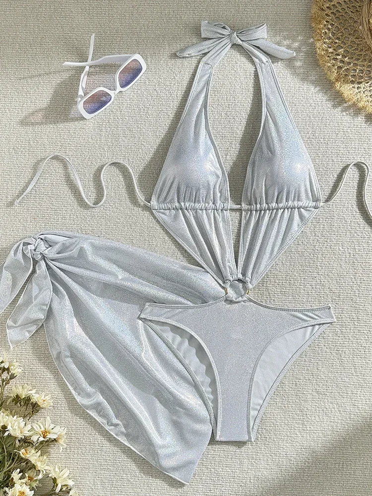 2025 New Summer Swimwear Bikinis Set Sexy Laced Up Hollow Out One Piece Swimsuit 2 Piece Set Women High Waist Solid Beach Bikini
