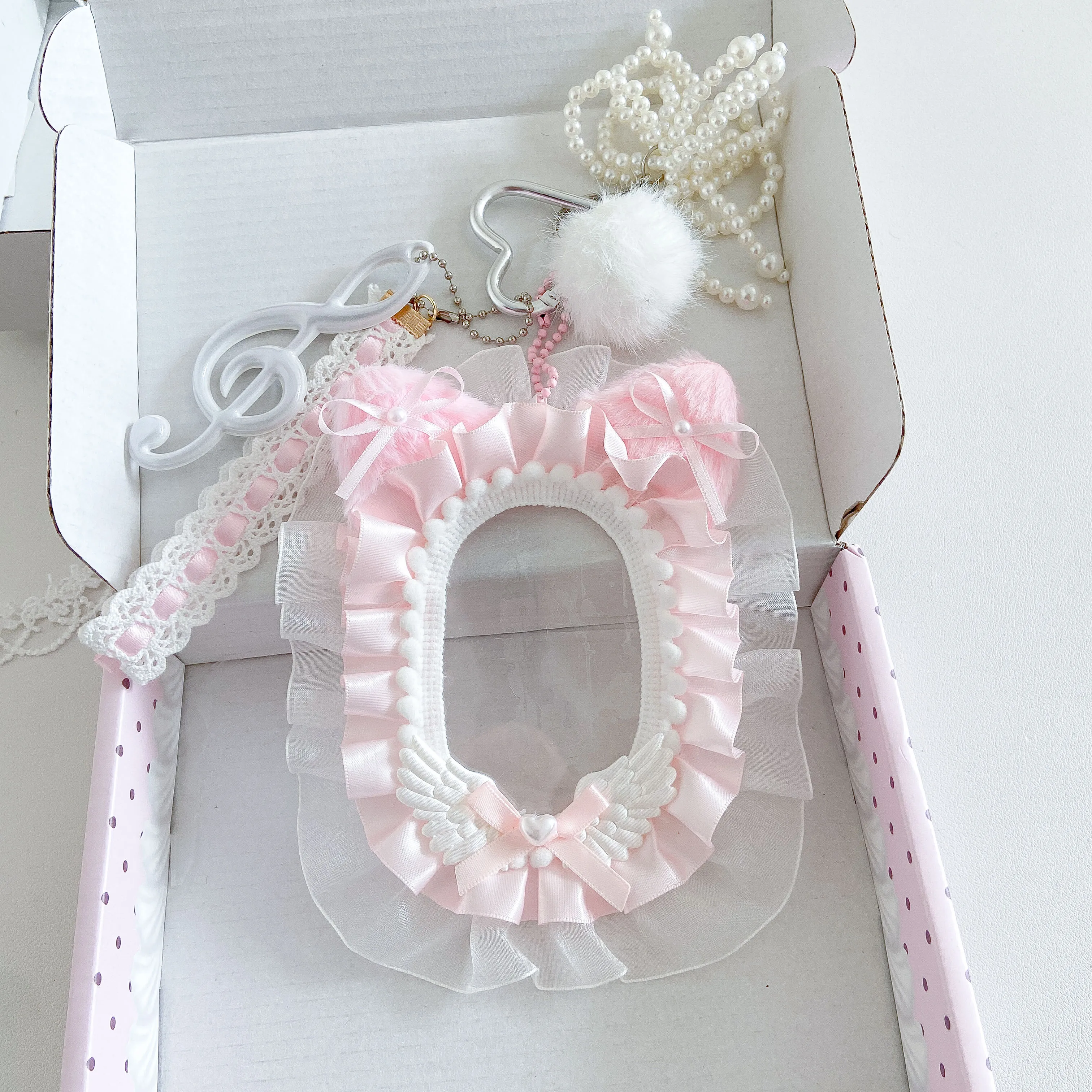 Visible Organization Photocard Holder, Kpop Bag Charm Lace Sleeve with Toploader, Oshi Ita Bag Accessory for Anime Collectors