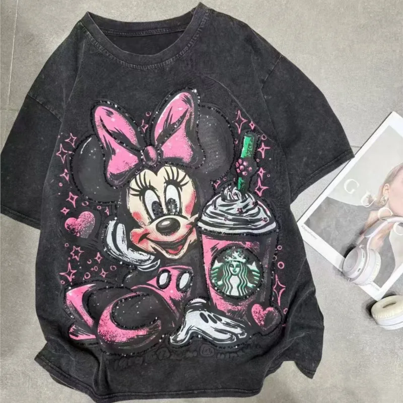

Vintage Cartoon Minnie Oversized Tee - European Style Washed & Worn Short Sleeve T-Shirt, Loose Heavy Industry Washed Summer Top