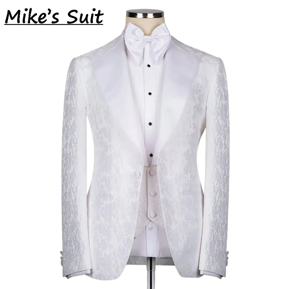 White Jacquard Men's Suit 3 Pieces Set Jacket Vest And Pants Party Tuxedo Banquet Attire Fashion Groom Wedding Man Suits