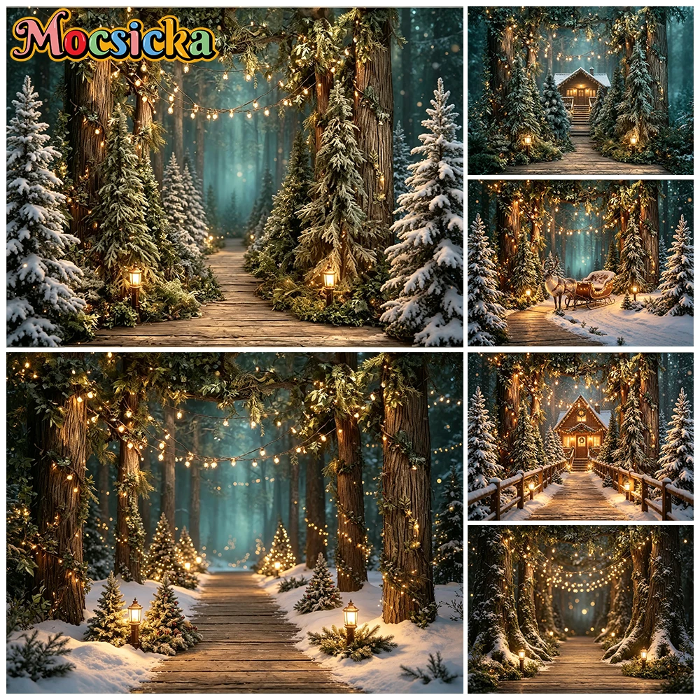 Mocsicka Weihnachts-Schneewald-Fotografie-Hintergrund, Winter-Holzweg, Lichter, Bäume, Familien- und Kinderporträt, Fotostudio-Hintergrund