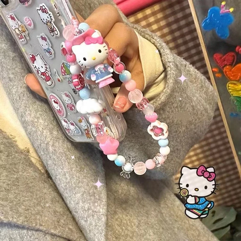 Cute Love Angel Hello Kitty Beaded Phone Chain Girl Heart Decorated Hanging Chain Backpack Lanyard Y2k Phone Accessories