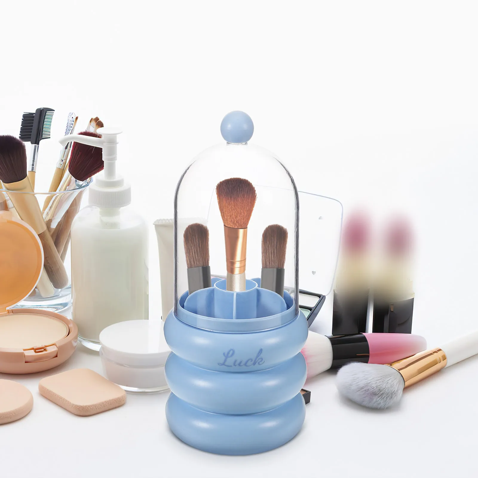 Makeup Brush Organizer Rotating Holder Transparent Cover Multi-Compartment Storage for Vanity Eyebrow Pencils Eyeshadow Brushes