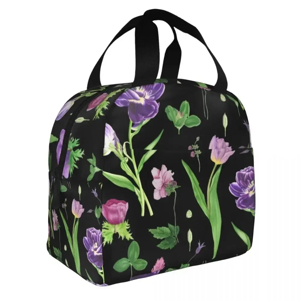 Lunch Bag for Women Kids Purple Tulips Watercolor Pretty Pattern Thermal Cooler Portable Picnic Oxford Lunch Box Bento Pouch