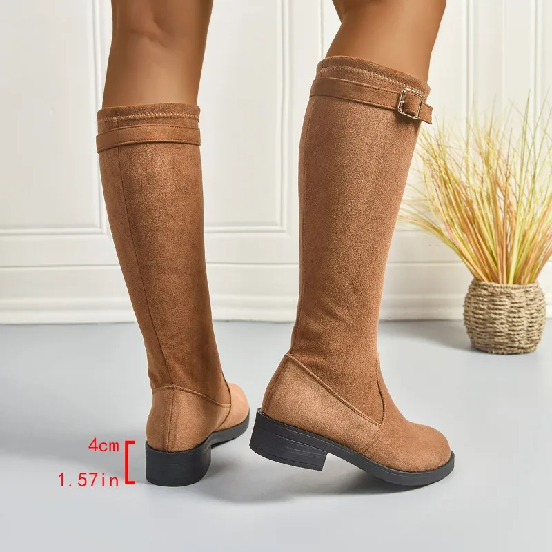 2025 женские сапоги до колена, новые зимние туфли без шнуровки на массивном каблуке, женские теплые однотонные длинные сапоги в стиле ретро, женские замшевые сапоги с круглым носком