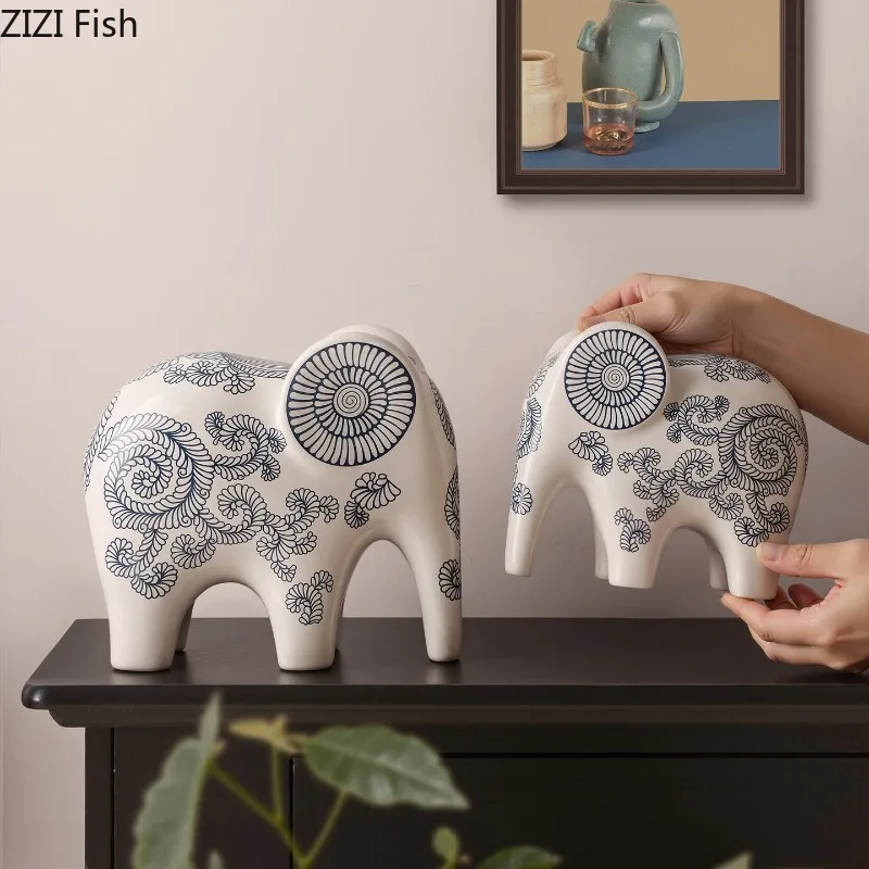 New Chinese Style Ceramic Elephant Ornament Blue and White Elephant Statue Model Art Sculpture Figurines Decoration Crafts