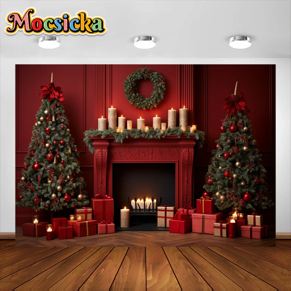 Mocsicka-Merry Christmas Lareira Backdrop, Xmas Tree, Janela, Floresta, Foto, Fotografia, Fundo, Family Party, Decoração Banner