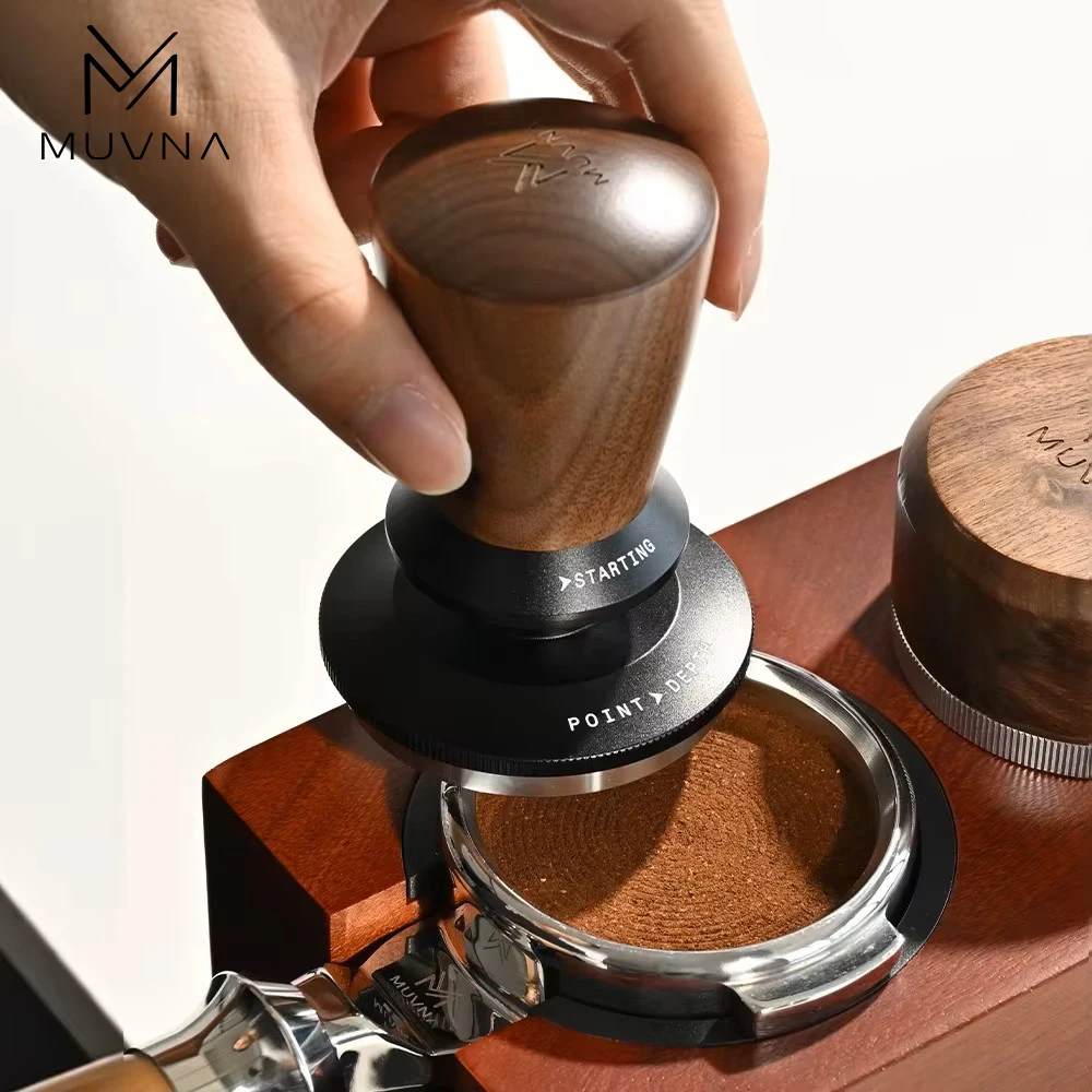 MUVNA Coffee Tamper 51mm 53mm 58.35mm Stepless Adjustable Self-Leveling Espresso Tamper Walnut Handle 304 Stainless Steel Ripple