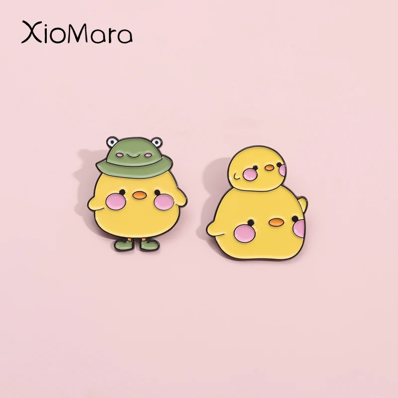 Frog Hat Yellow Duck Enamel Pins Cute Duckling Wearing Hat Brooches Lapel Badges Kawaii Animal Jewelry Gift For Kid Friends ﻿