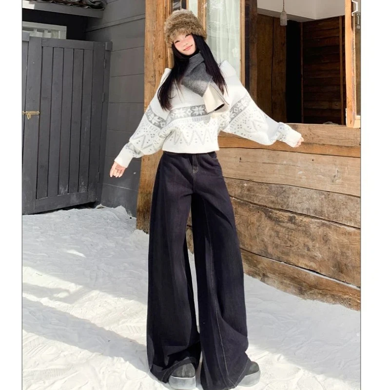 Damskie spodnie Y2K z wysokim stanem, szerokimi nogawkami, ocieplane polarem, wygodne, codzienne spodnie typu drag dla jesienno-zimowej odzieży ulicznej.