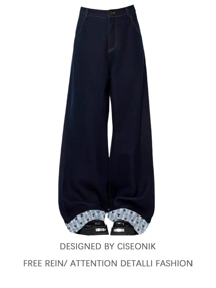 American Style Vintage Cuffed Denim Jeans Women Summer New Large Size Fat MM Design Sense Splicing Loose Wide Leg Pants Trend