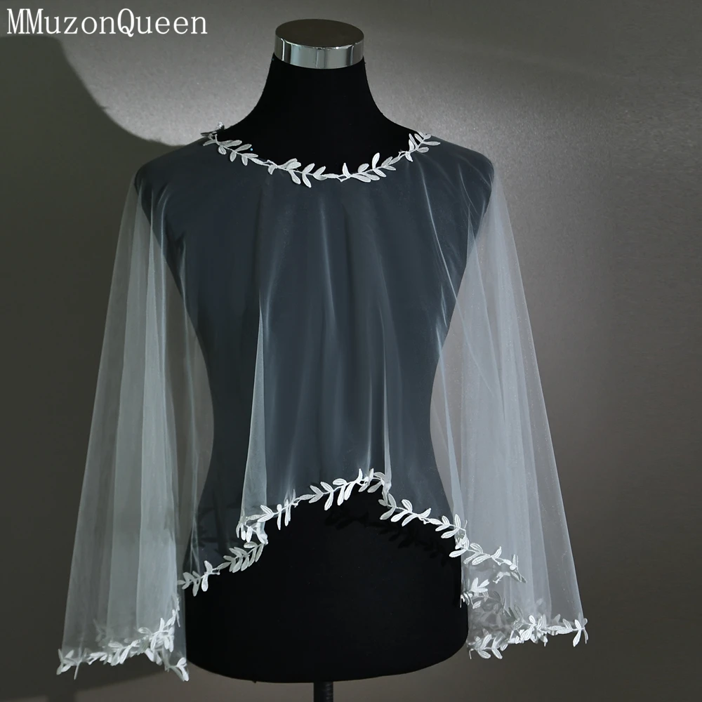 MMQ-chal de tul de encaje para boda, capa blanca para novias, chaquetas de vestir, borde de hojas, accesorios de fiesta, personalizables, DIY, MG33