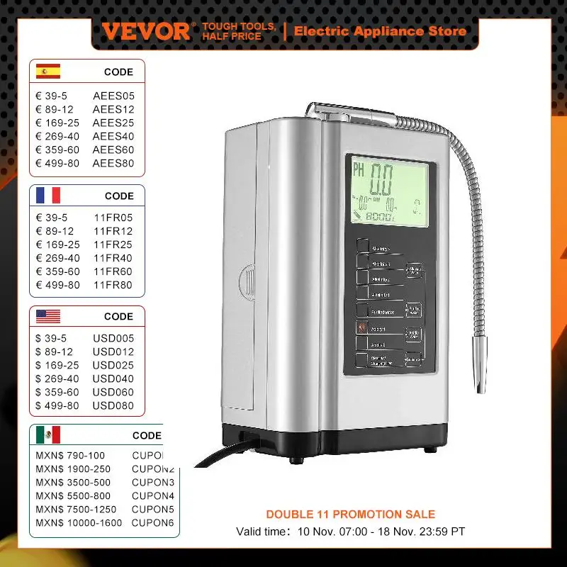 VEVOR Alkaline Water Ionizer Machine, pH 3.5-10.5 Alkaline Acidic Hydrogen Water Purifier