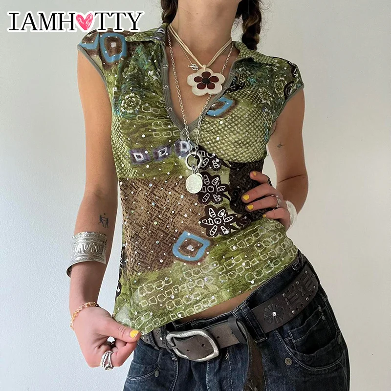 

IAMHOTTY All-printed V-neck Top Vintage Slimming Turn-down Collar Short Sleeve T-shirt Grunge Style Tees Boho Elegant Clothes
