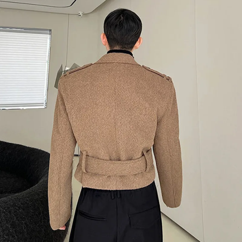 IEFB Autumn Winter Thickened Designer Short Woolen Belt Men Jacket Coat 2023 Solid Color Korean Fashion Male Tops 9A6200