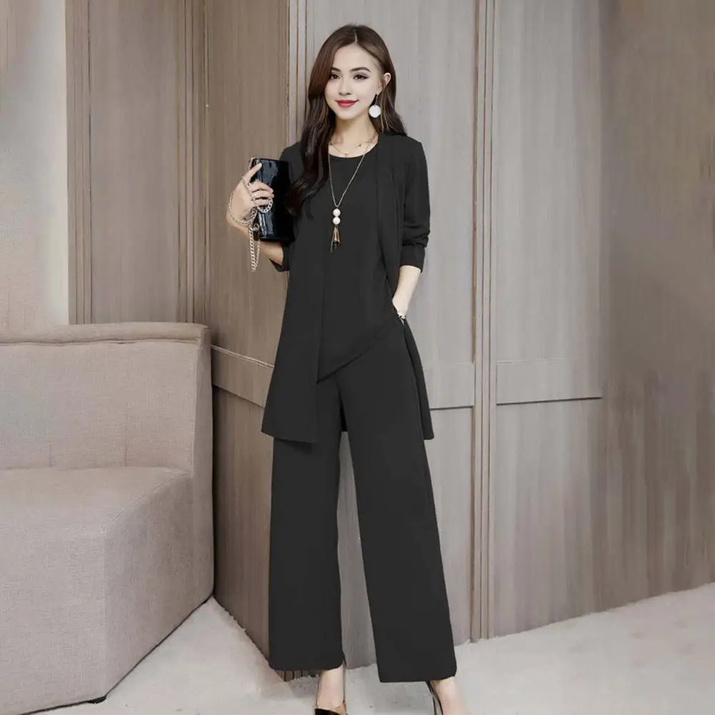 3 Pcs Set Women Spring Fall Outfit Pure Color Sleeveless O Neck Vest Long Sleeves Coat Wide Leg Pants Set OL Commuting Daily Wea