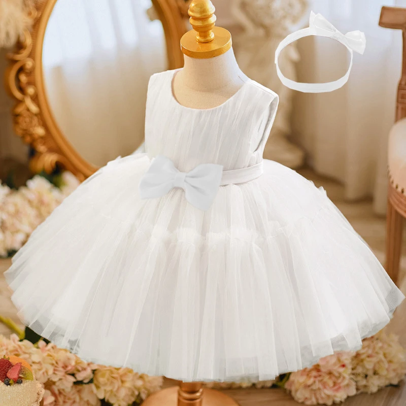 Toddler White Baby Girls Party Dresses Bow 1st Birthday Wedding Princess Dress for Girls Baptism Bridemaid Evening Gown Vestidos